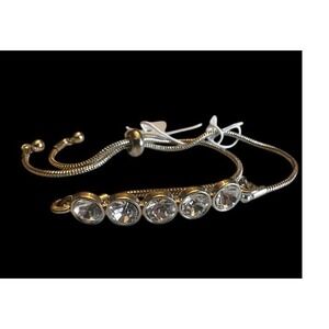 Silver Tone Adjustable Bolo Slider Bracelet Round Glass Rhinestones NWT Unsigned